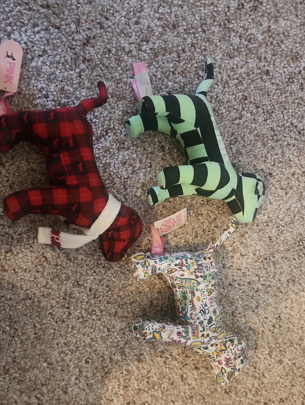 PINK Victoria's Secret Plush Dog Trio - Mint Green, Red Plaid & Multiprint